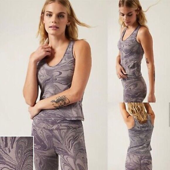 Athleta Transcend Tank Sumi Marble Violet Semi Crop Moisture Wicking Logo - Picture 1 of 5